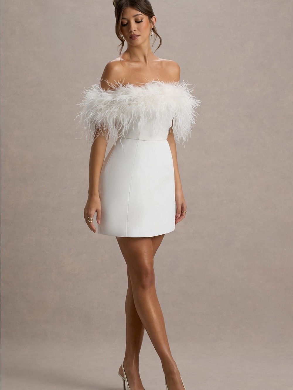 Club L London Off-Shoulder Feather Trim White Mini Dress - Picture 5 of 6
